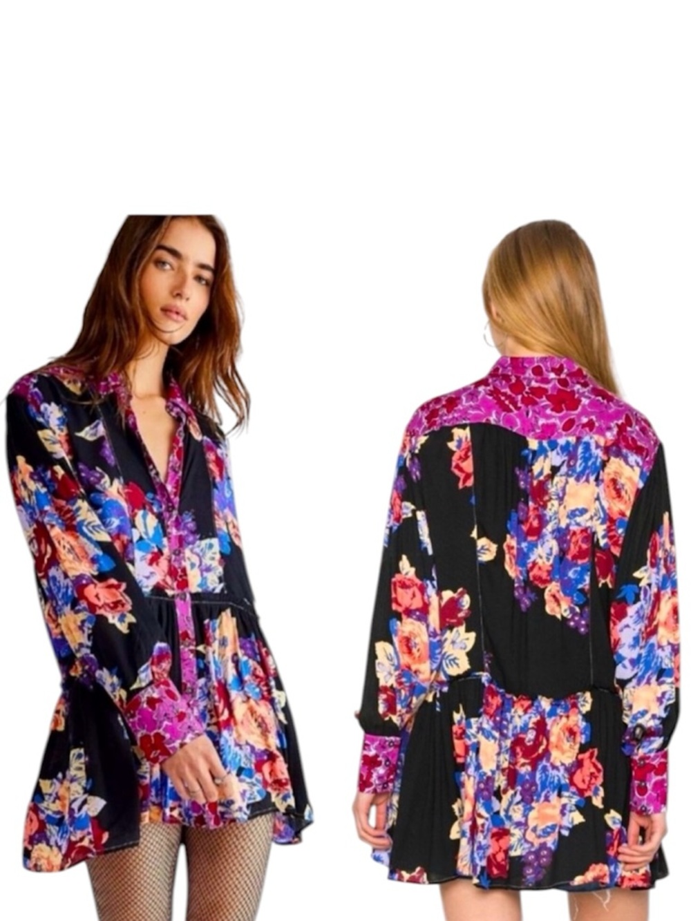 Free People Black Floral Long Puff Sleeve Tunic Brunch A Bunch Boho Size Small